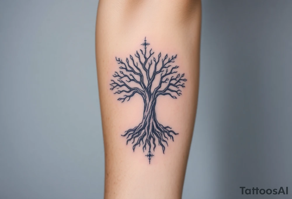 mystical tree of life with cosmic roots and celestial branches tattoo idea