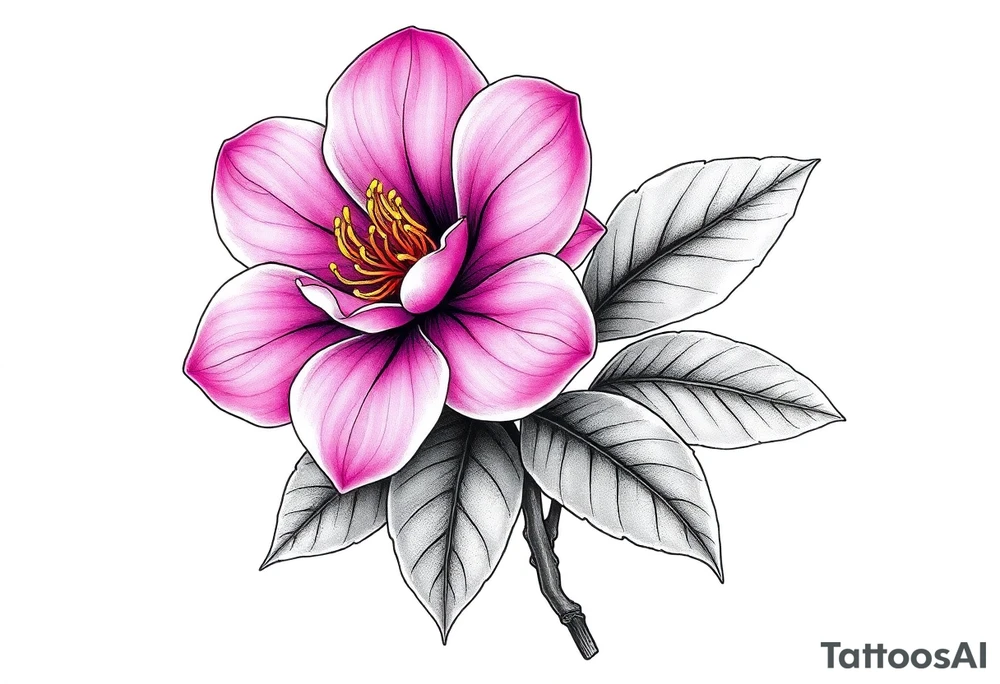 pink camelia flower with leaves and stem tattoo idea