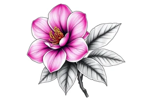 pink camelia flower with leaves and stem tattoo idea