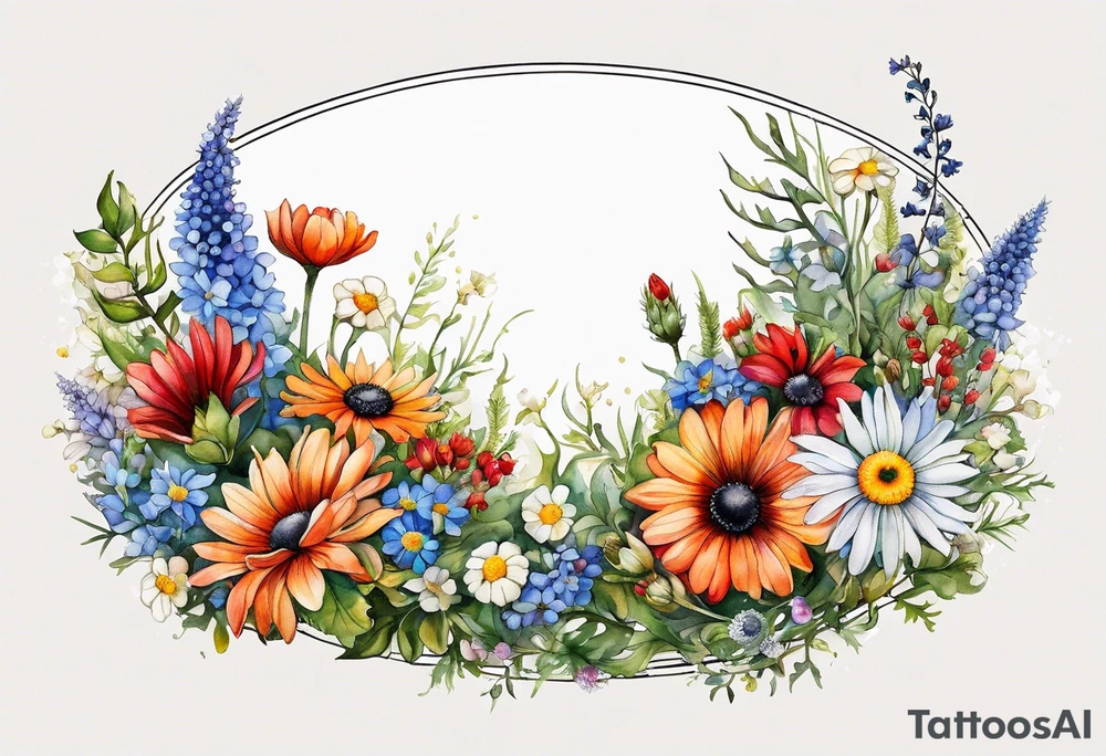 sideways oval of wildflowers cascading with thistles, ferns, white anemones, sun flowers, red flowers, black flowers, buttercups, orange flowers, babys breath and daisies all in watercolor tattoo idea
