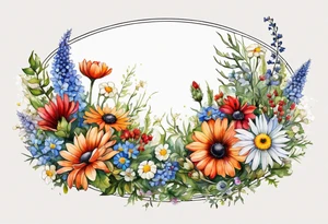 sideways oval of wildflowers cascading with thistles, ferns, white anemones, sun flowers, red flowers, black flowers, buttercups, orange flowers, babys breath and daisies all in watercolor tattoo idea