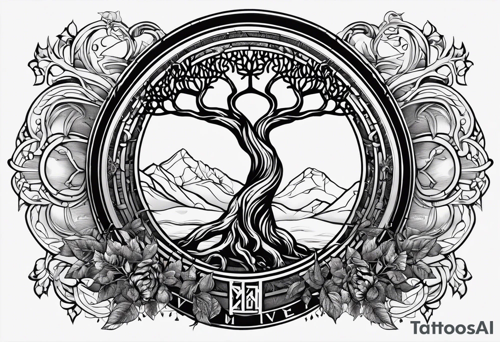 Yggdrasil with no leaves. A roman inscription "MEMENTO VIVERE" on the top. A metal bracelet with the date XXXI-VII-MMXV tattoo idea