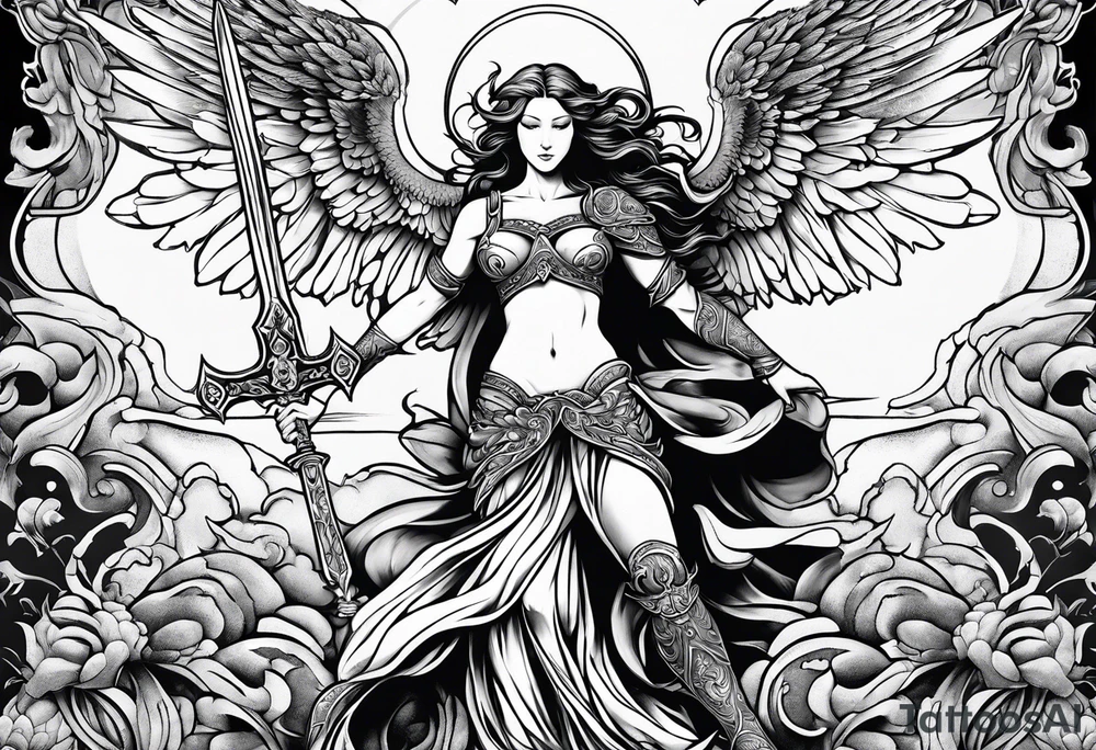 Angel with long sword atop a demon slain in single line tattoo idea