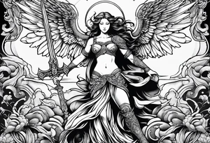 Angel with long sword atop a demon slain in single line tattoo idea