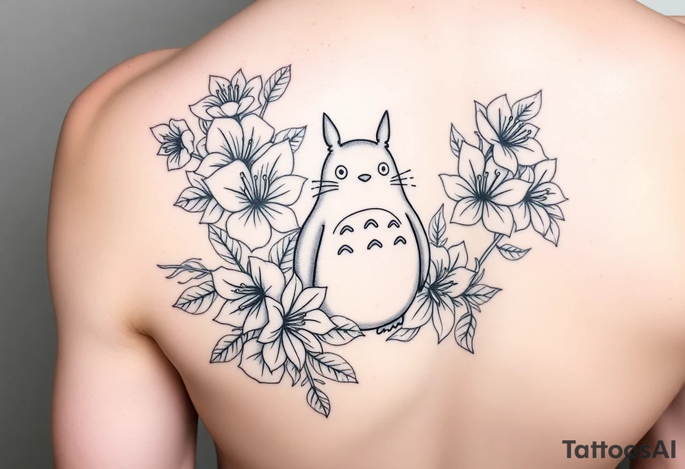 fine line tattoo of roses and lilies with Totoro Characters throughout for arm/forearm tattoo idea
