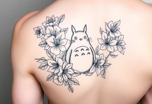 fine line tattoo of roses and lilies with Totoro Characters throughout for arm/forearm tattoo idea