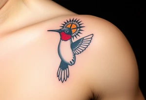 A hummingbird with Ra’s solar disk above its head(only red , blue and black are possible colors) tattoo idea