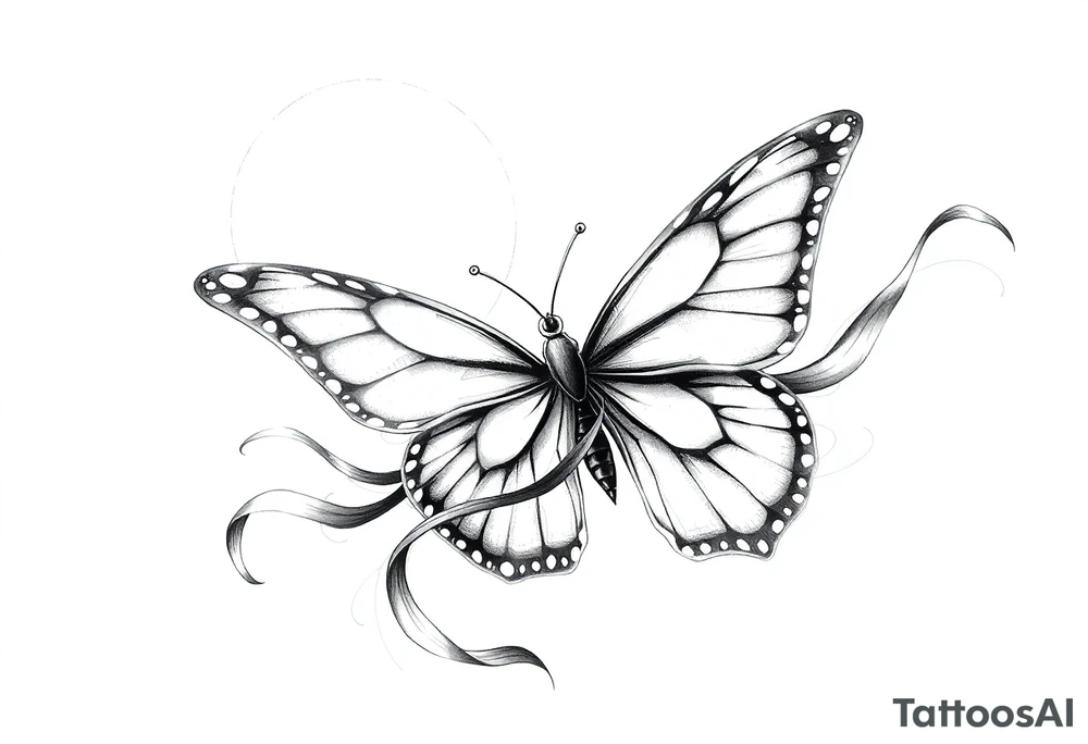 ethereal butterfly with flowing silk ribbons in moonlight tattoo idea