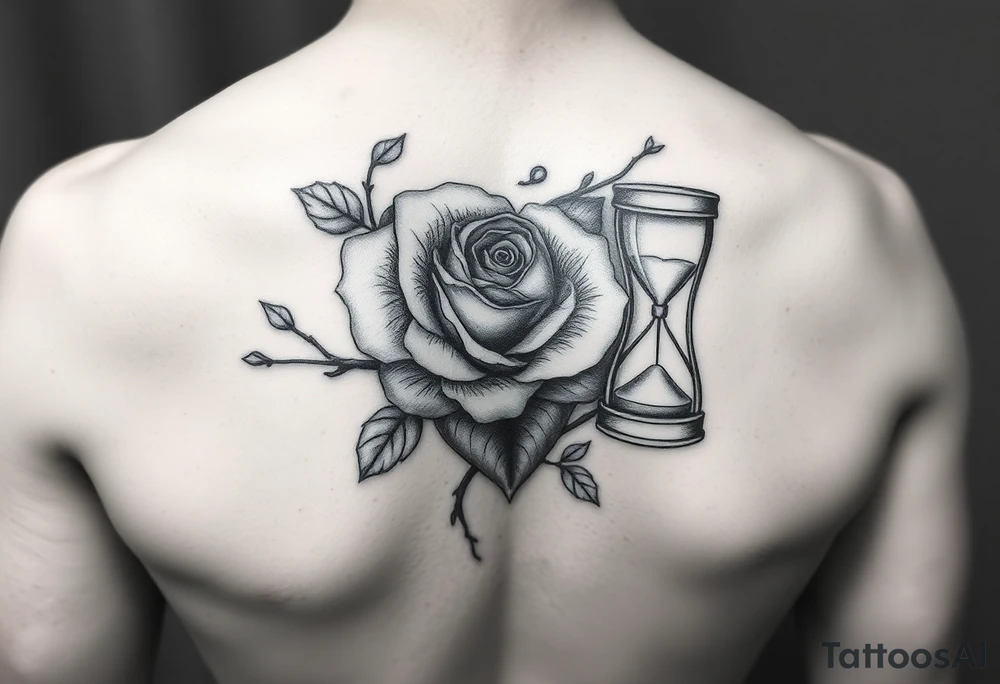 Arose in the shape of a heart with pieces of the Rose blowing away in the wind and the other half an hourglass with the sand out of time black and white feminine realistic for the top of my shoulder 
Shoulder tattoo idea