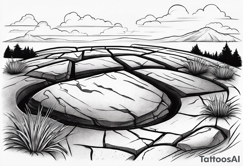 Create a tattoo of a flat topped granite rock with a base under the ground line that is pointed and deep, surrounded by freshly tilled and raked soil ready to be planted and under ground in front of the rock, a seed planted and pushing through the soil tattoo idea