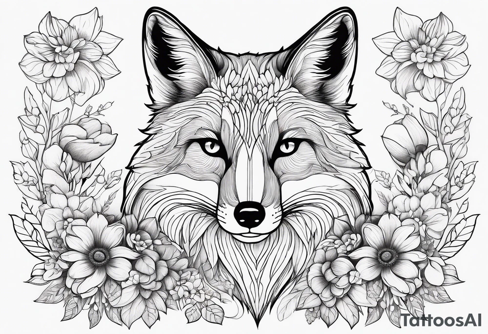 flowers with fox full body thin line tattoo idea
