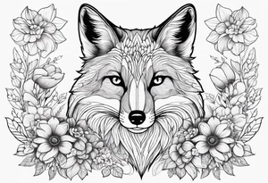 flowers with fox full body thin line tattoo idea