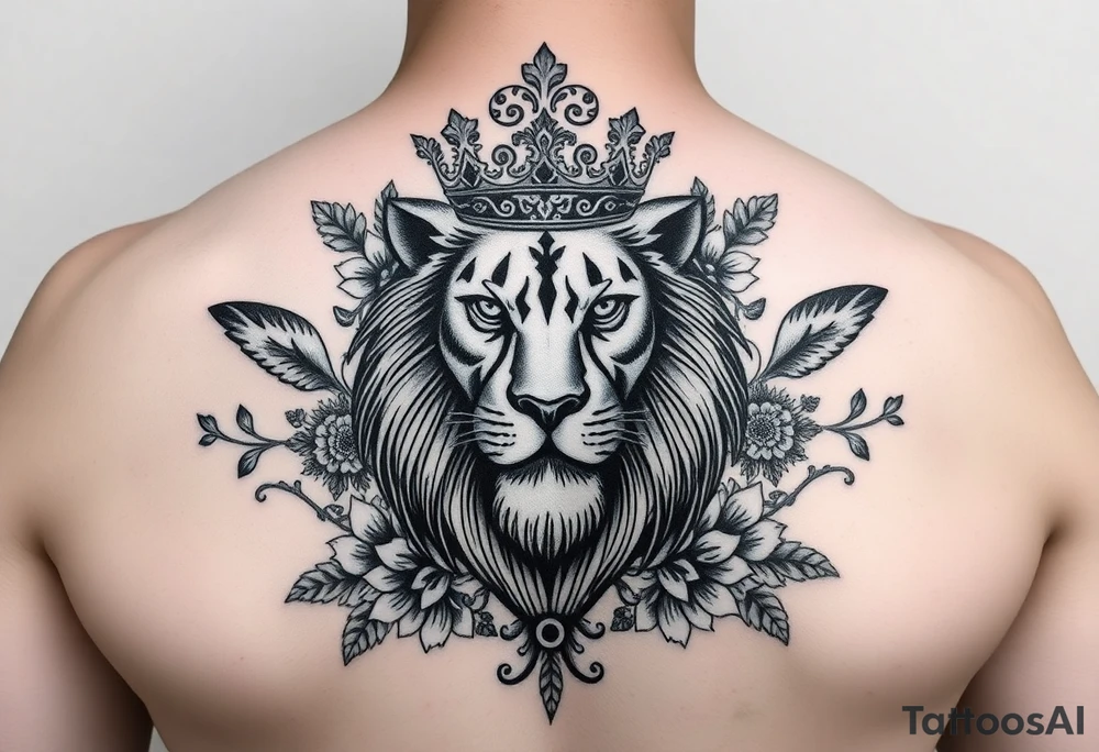 powerful majestic lion with a crown, surrounded by floral ornaments and birds tattoo idea
