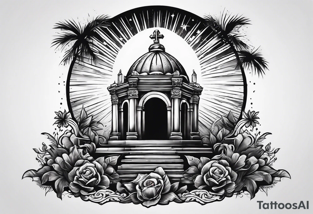 Tomb with cross and sun in the background tattoo idea