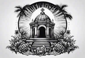 Tomb with cross and sun in the background tattoo idea