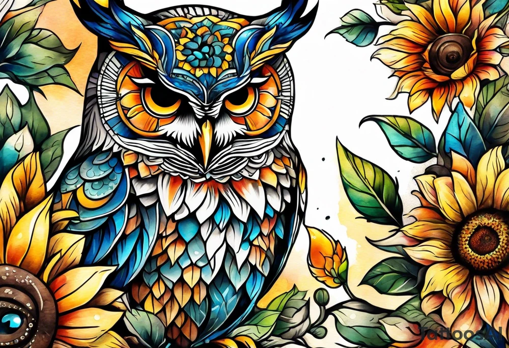 Leg sleeve with colorful sunflowers and an owl tattoo idea