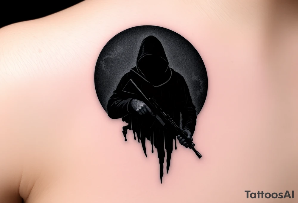 Minimalist covert operative symbolism representing loyalty and survival, faceless soldier silhouette emerging from darkness, torn fabric, subtle scars, controlled posture, black and grey realism, emotional restraint, understated strength, tattoo sleeve element. tattoo idea