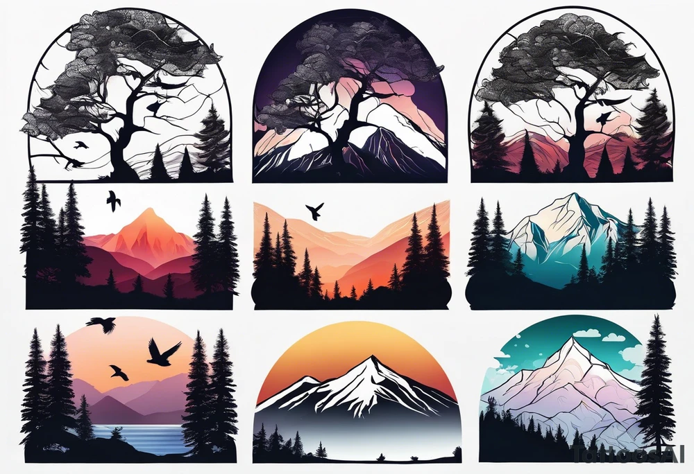 A mountain scape with trees. 5 silhouettes of birds. tattoo idea