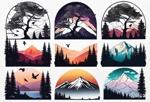 A mountain scape with trees. 5 silhouettes of birds. tattoo idea