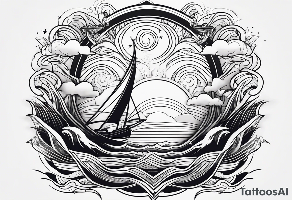 Line art, sword, lightning bolt and waves tattoo idea