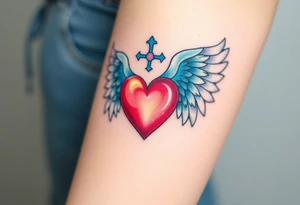 dainty catholic sacred heart with angel wings tattoo idea