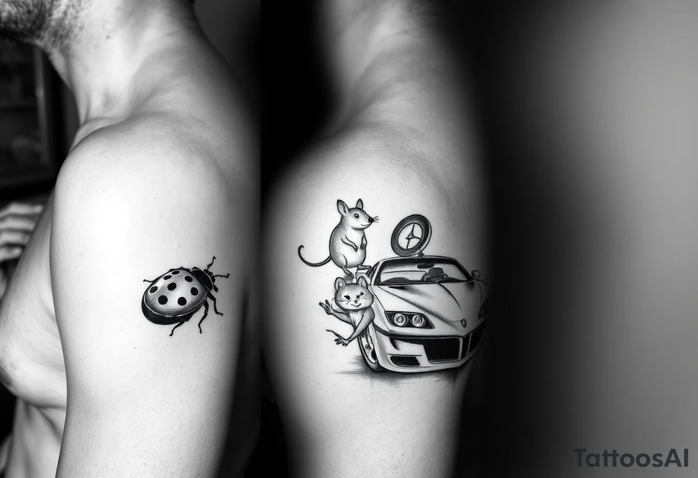 Incorporate lady bug and mouse and cars into two styles for me and my boyfriend. He like low rider cars and i like bmw tattoo idea