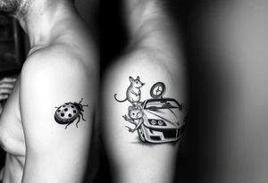 Incorporate lady bug and mouse and cars into two styles for me and my boyfriend. He like low rider cars and i like bmw tattoo idea