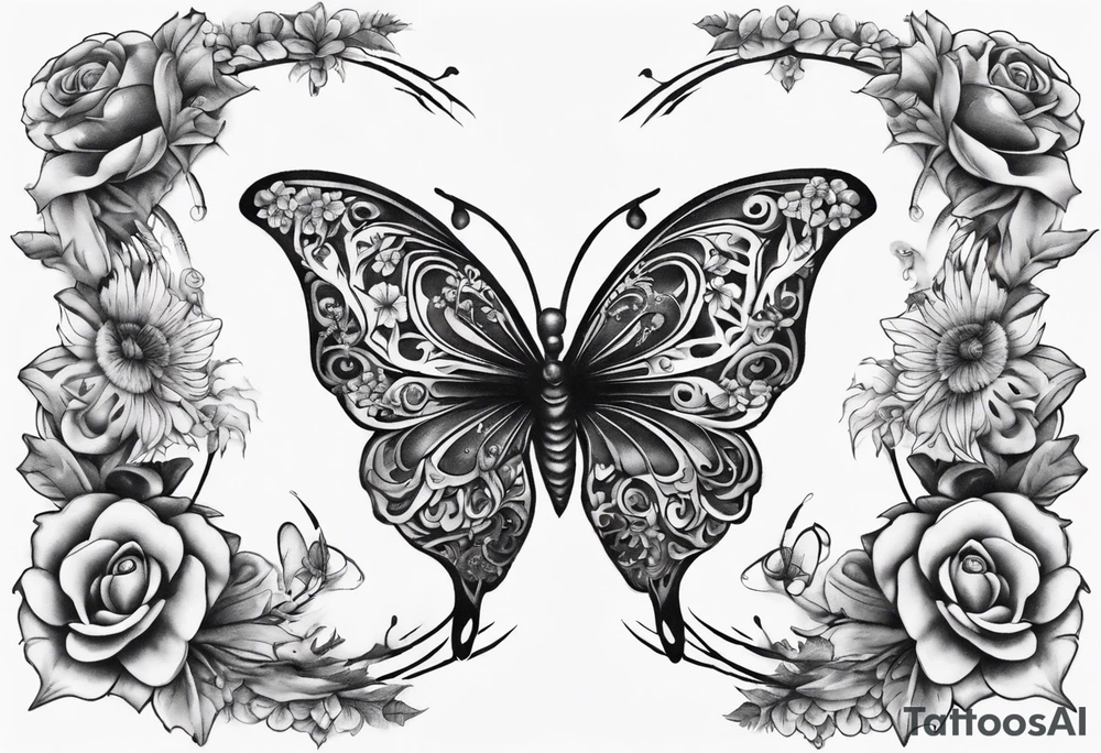 Butterfly wrap tattoos in heart with large centre piece with moon and floral theme. Bracelet around ankle show on higher ankle tattoo idea