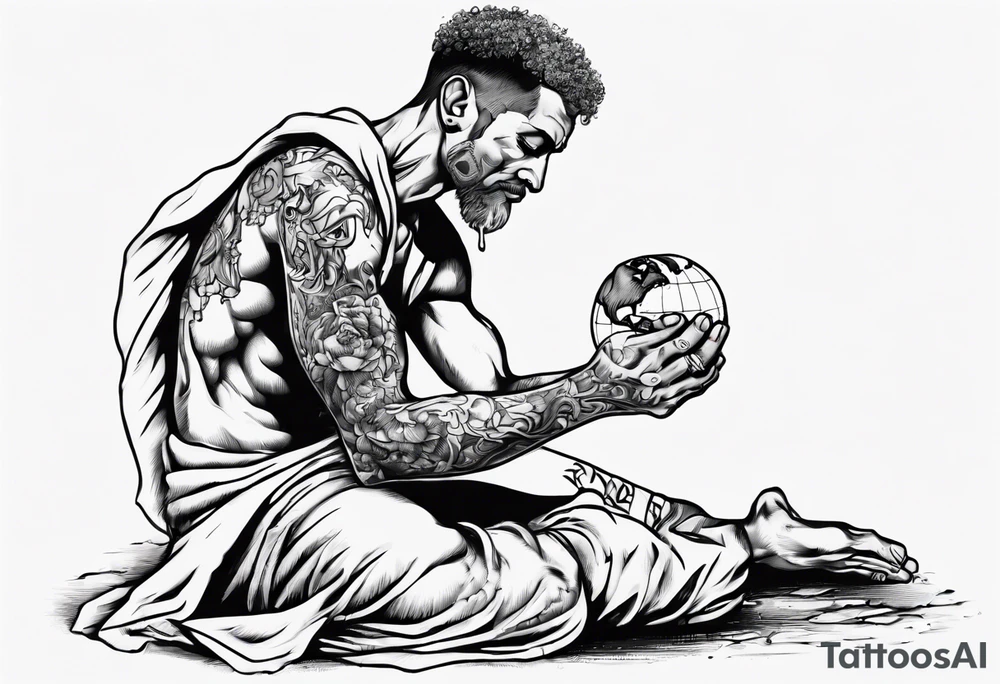 Peaceful warrior kneeling down on one knee. One hand is feeding the weak. One hand is holding the world up. tattoo idea