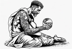 Peaceful warrior kneeling down on one knee. One hand is feeding the weak. One hand is holding the world up. tattoo idea