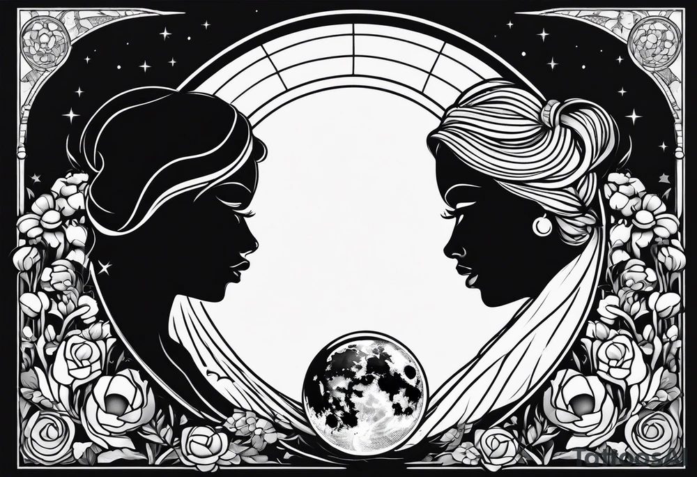 crystal ball that shows three women holding hands in silhouette dancing underneath a full moon tattoo idea