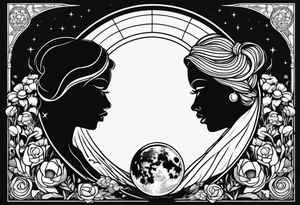 crystal ball that shows three women holding hands in silhouette dancing underneath a full moon tattoo idea