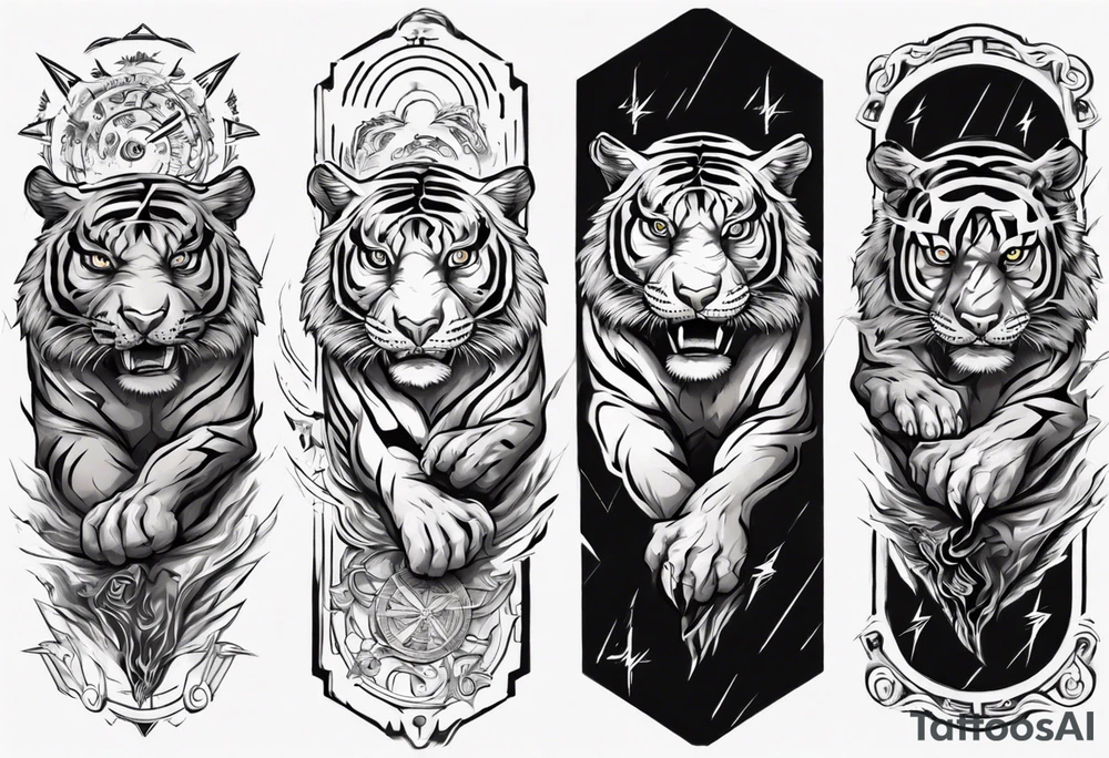 Ancient tiger with lightning and a sun for a forearm sleeve. With patterns surrounding it tattoo idea