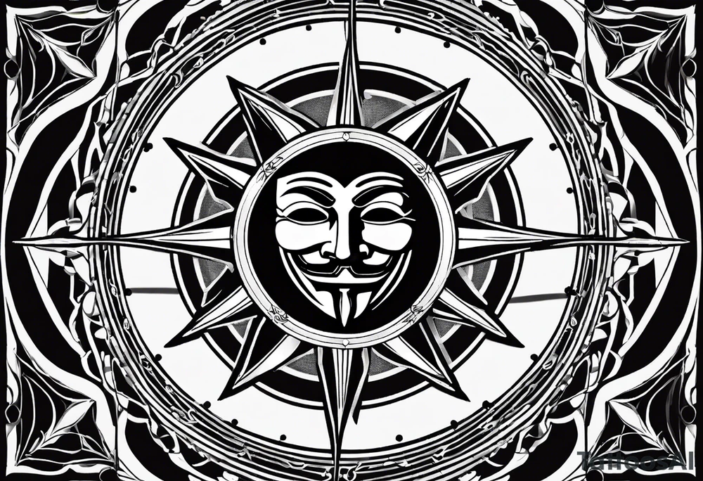 Centered v for vendetta, mask only. No hat.   Vintage compass surround. Crossed fencing swords tattoo idea