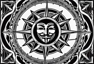 Centered v for vendetta, mask only. No hat.   Vintage compass surround. Crossed fencing swords tattoo idea