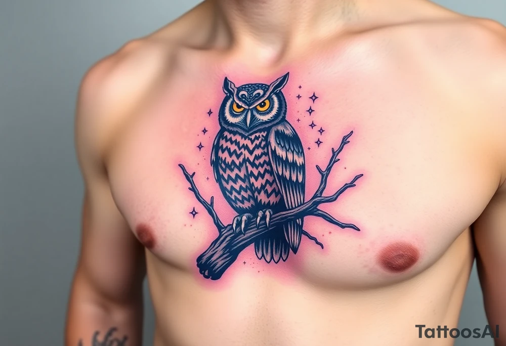 wise owl perched on ancient oak branch under starlit sky tattoo idea