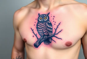 wise owl perched on ancient oak branch under starlit sky tattoo idea