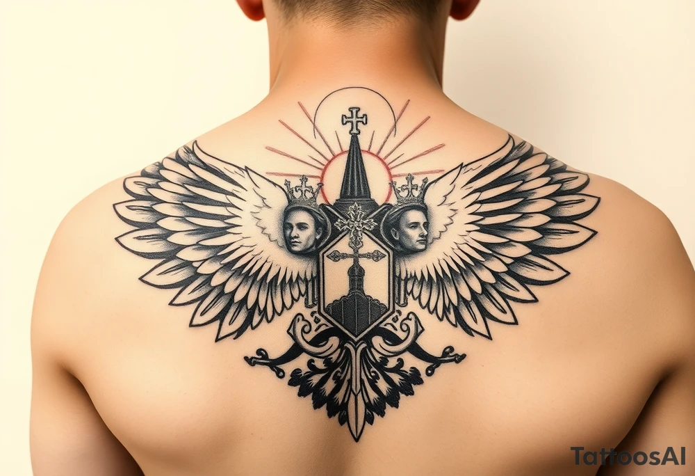 an actual russian coat of arms with both heads visible & wings spanning out on my back neck across on to my shoulders / traps with a orthodox christian church being visible in a mountainous sun beaming setting, with the russian orthodox cross spire of the orthodox church being visible on my neck with a sun beaming in the background that the cross sits inside tattoo idea