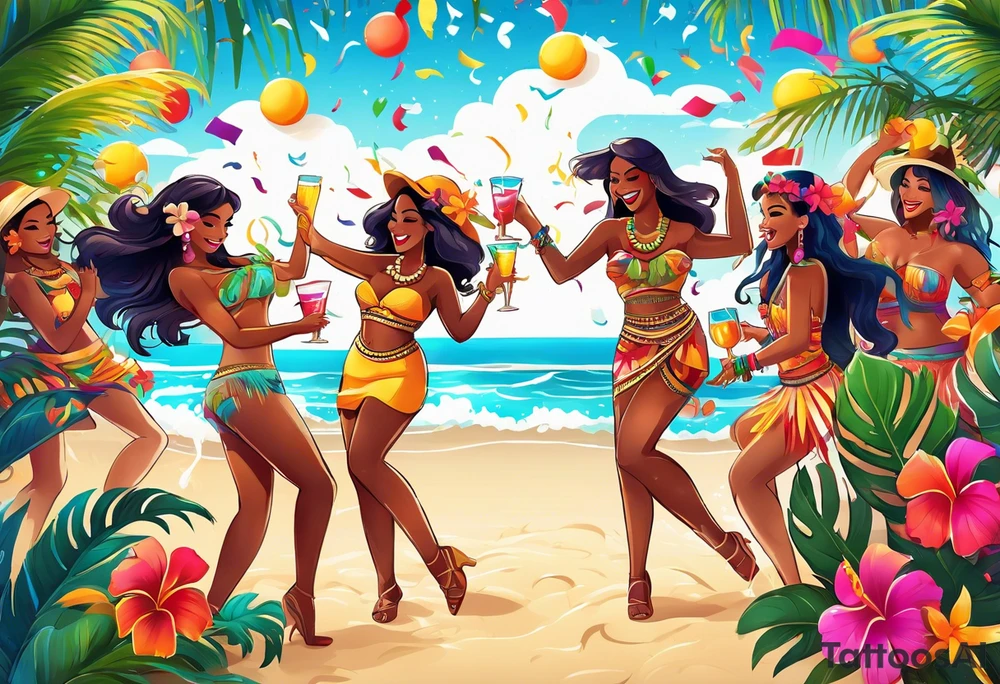 TIKI beach  dance party scene with tropical drinks, sexy girls dancing, music notes, confetti tattoo idea