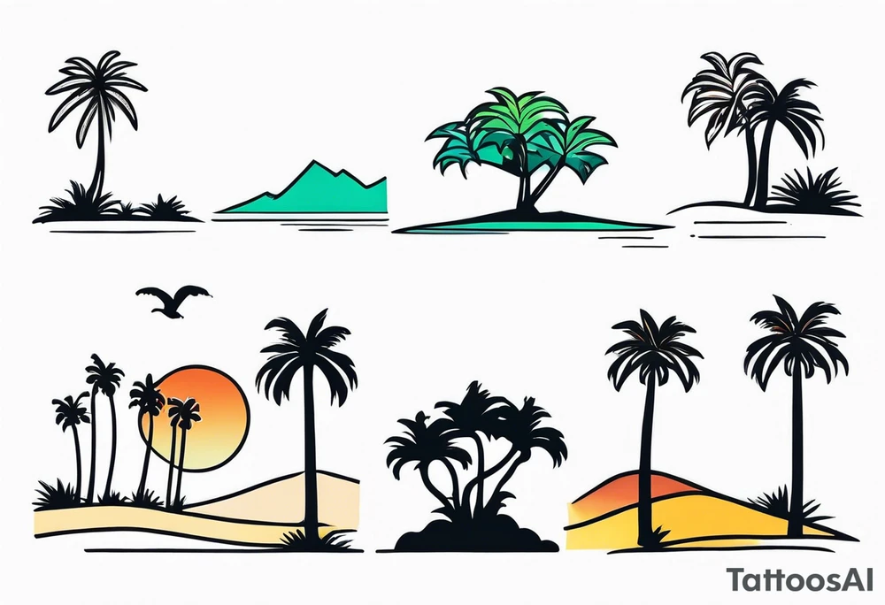 Gradual transition from evergreen trees to Joshua trees to palm trees to a Hawaiian beach tattoo idea