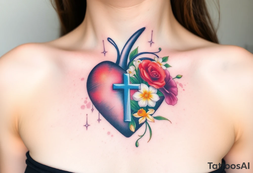 tattoo with heart
: one side representing death and the other life. (from death to life) with a simple cross down the middle. The life side I'd like the following flowers growing out of it: Morning Glory, Lily of the Valley, Daffodil, Rose, Poppy, and Iris tattoo idea