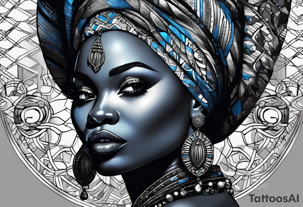 mulher iemanjá africana em preto e cinza com conchas e pérolas, fundo da imagem com tons de azul tattoo idea