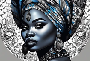 mulher iemanjá africana em preto e cinza com conchas e pérolas, fundo da imagem com tons de azul tattoo idea