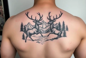 FOREARM tattoo Black and grey realism Nature scene with two stags fighting in the foreground include mountains water and trees  realistic tattoo idea
