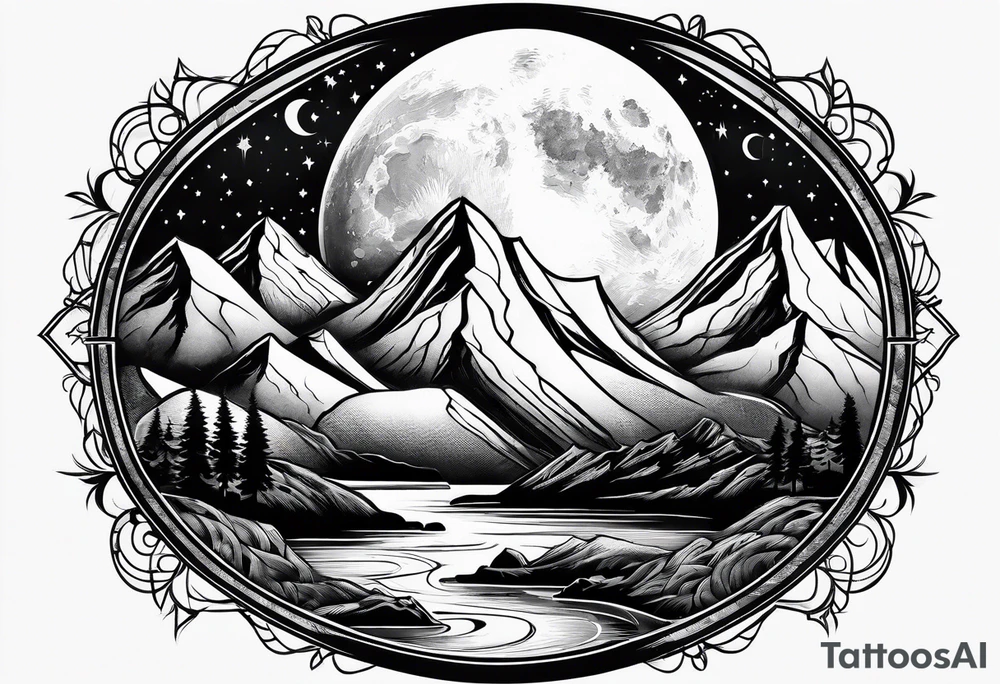 Moon with mountains tattoo idea