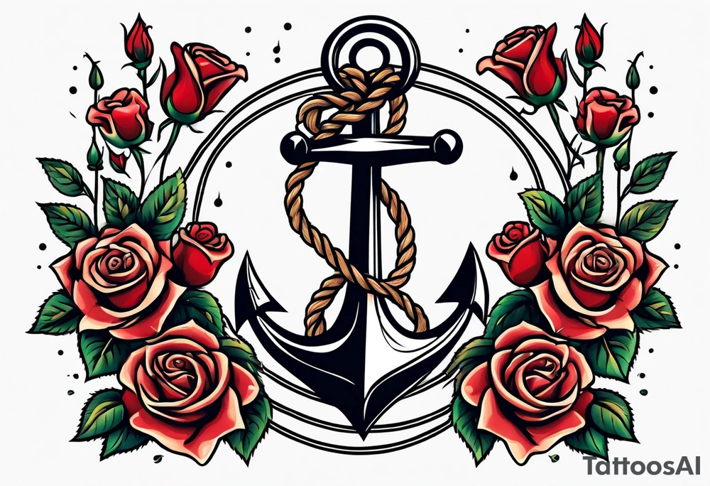 anchor with rope and roses old school simple traditional vintage tattoo idea