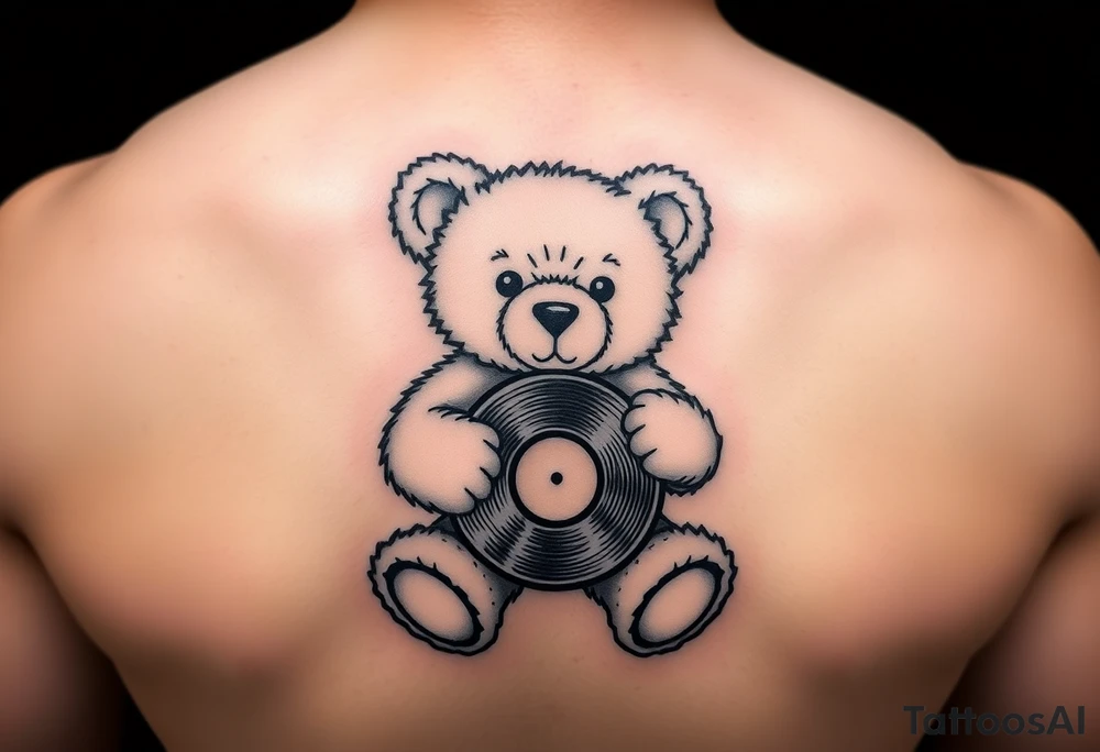 minimalist teddy bear holding a vinyl record tattoo idea