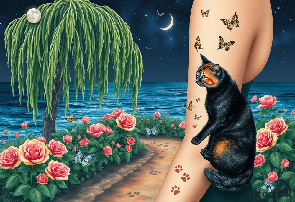 Night time. Ocean.  weeping willow garden with roses and liles flower beds. fantasy creatures, fairies, mermiads, dragons butterflies,  cat paw prints path in dirt. Black cat and orange cat tattoo idea