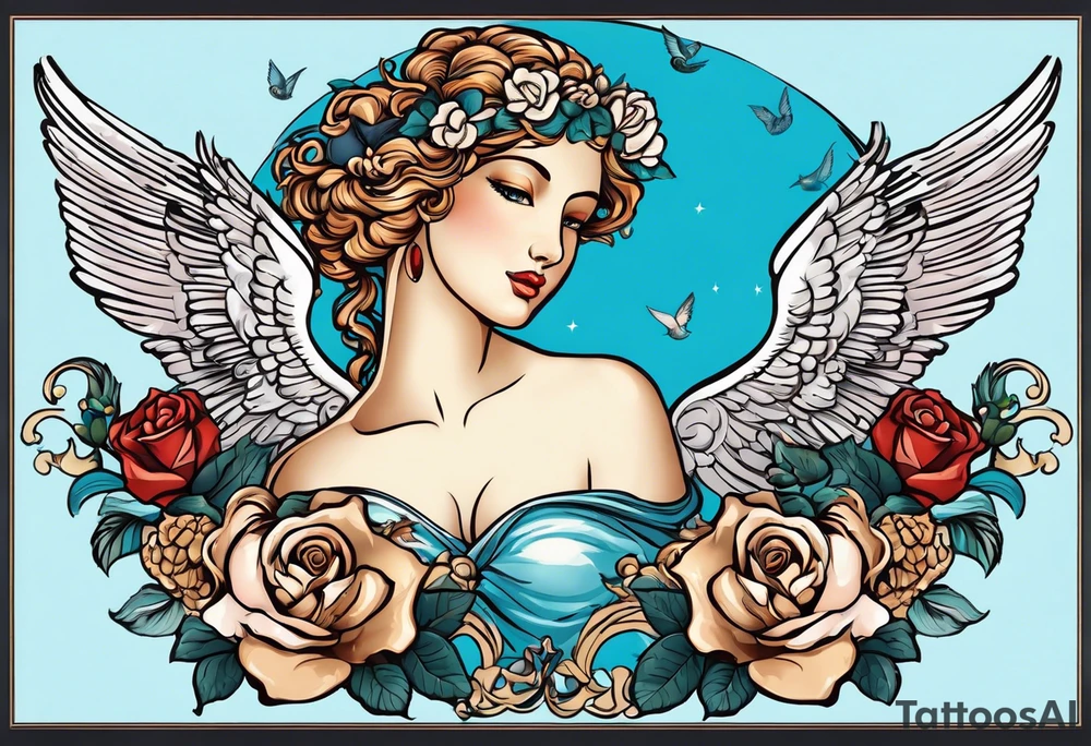 rtrait of AphroPodite: A face or full-length image of the goddess, often in a realistic style, perhaps decorated with flowers, seashells, or doves.rose, doves, shells and a mirror in his hand. background sea, blue roses frames,, romantic,background  fly boy wings and a bow, cupido tattoo idea