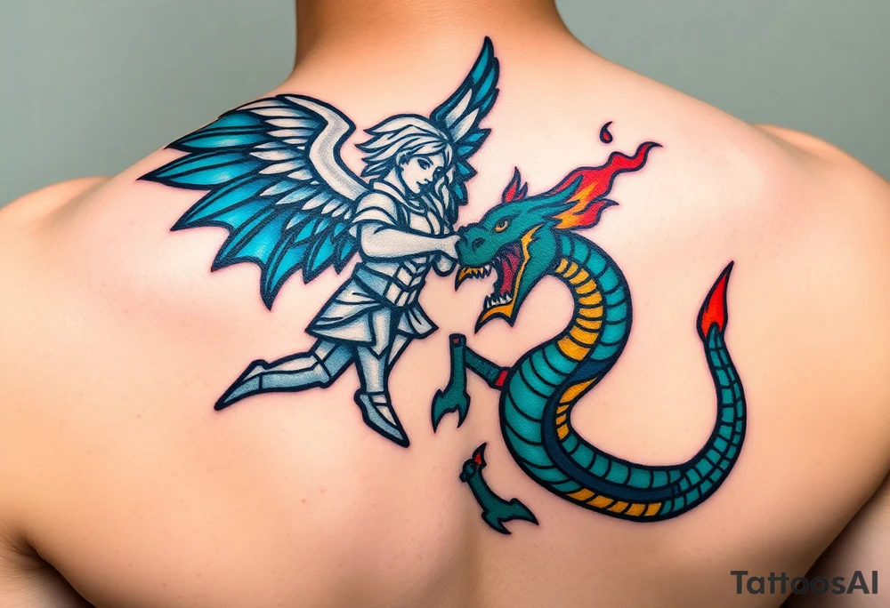 Please create a stained glass style tattoo design featuring an angel and a sea serpent battling each other. The angel should be depicted with dynamic wings and armor, and the sea serpent should have fiery breath and a menacing appearance. Both should be designed in a classic stained glass style, with bold black outlines and vibrant, rich colors. The design should reflect the detailed, intricate patterns typical of stained glass art, giving it a bold and striking visual effect tattoo idea